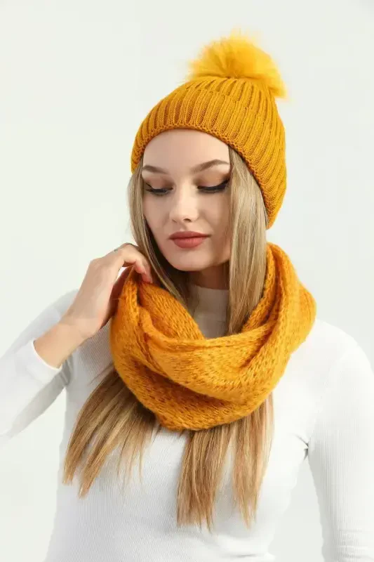 Women's Mustard Knitted Beanie with Pom Pom and Knitted Neck Warmer Set-Mustard - RITAGARCIA
