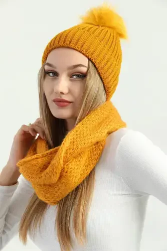 Women's Mustard Knitted Beanie with Pom Pom and Knitted Neck Warmer Set-Mustard - 2