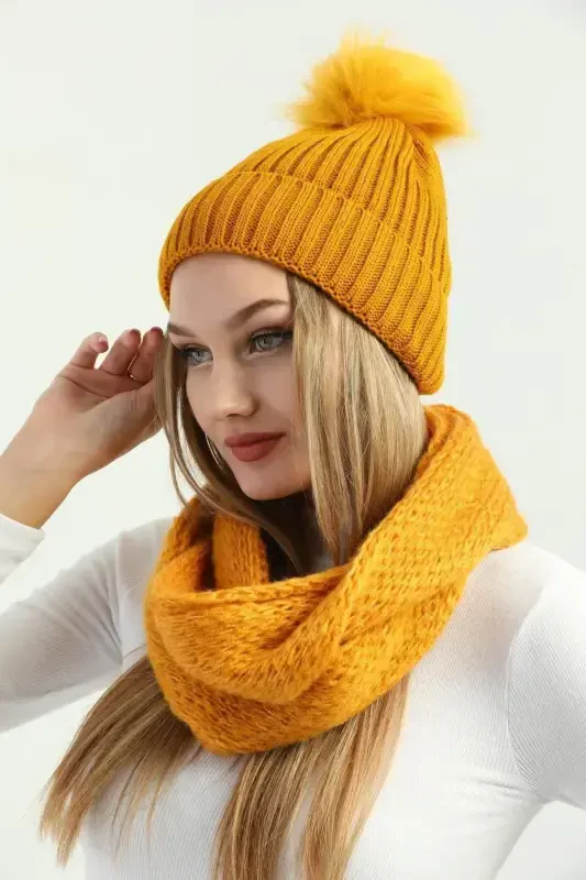 Women's Mustard Knitted Beanie with Pom Pom and Knitted Neck Warmer Set-Mustard - 3