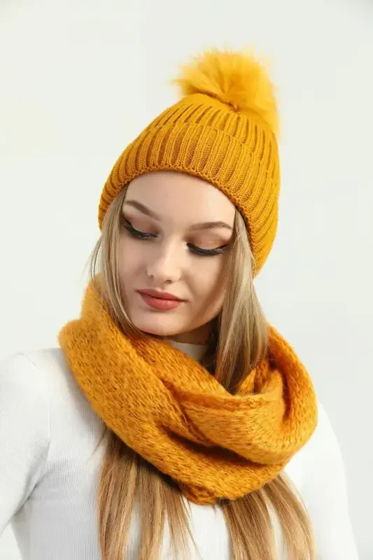Women's Mustard Knitted Beanie with Pom Pom and Knitted Neck Warmer Set-Mustard - 4