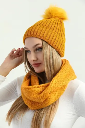 Women's Mustard Knitted Beanie with Pom Pom and Knitted Neck Warmer Set-Mustard - 5