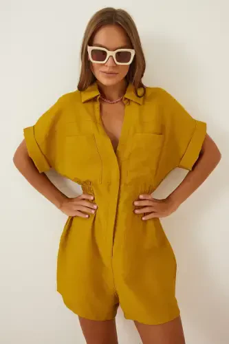 Women's Mustard Linen Viscose Short Jumpsuit TO00009-Mustard - 1