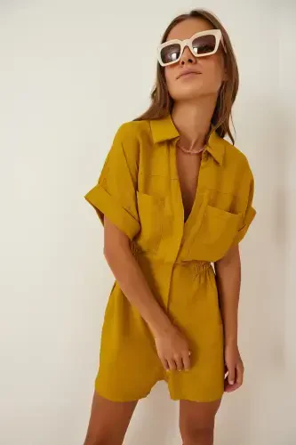 Women's Mustard Linen Viscose Short Jumpsuit TO00009-Mustard - 2