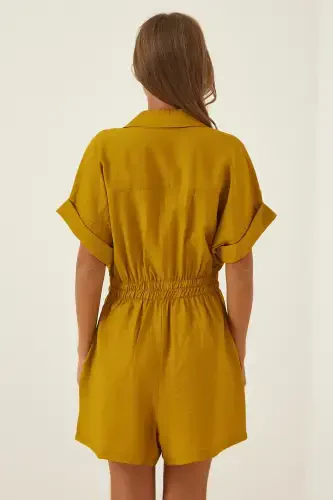 Women's Mustard Linen Viscose Short Jumpsuit TO00009-Mustard - 3