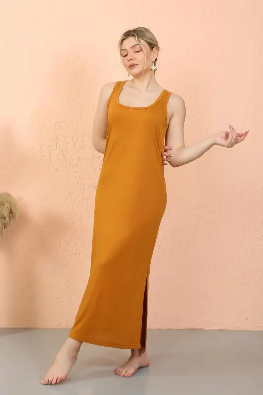 Women's Mustard Long Nightgown with Thick Straps and a Slit 90110 - 2
