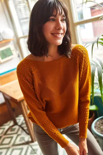 Women's Mustard Openwork Batwing Oversize Knit Sweater-Mustard - OLALOOK (1)