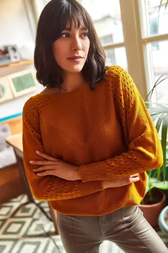 Women's Mustard Openwork Batwing Oversize Knit Sweater-Mustard - 4