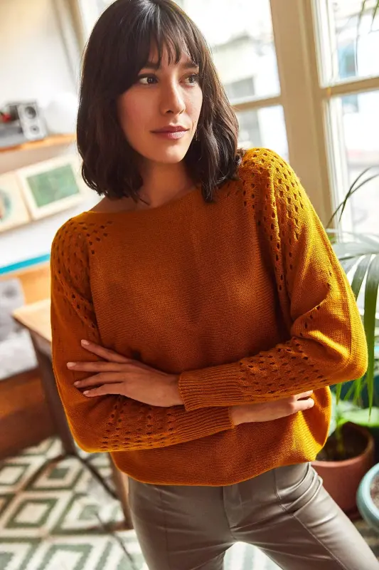 Women's Mustard Openwork Batwing Oversize Knit Sweater-Mustard - 4