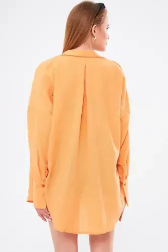 Women's Mustard Oversized Textured Linen Look Wide Sleeve Shirt ARM-24K001001 - 4