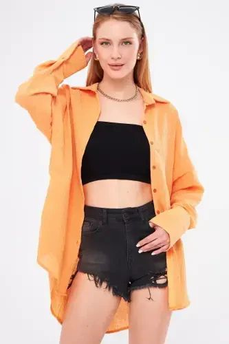 Women's Mustard Oversized Textured Linen Look Wide Sleeve Shirt ARM-24K001001 - 5