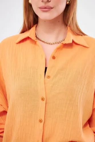 Women's Mustard Oversized Textured Linen Look Wide Sleeve Shirt ARM-24K001001 - ARMONIKA (1)