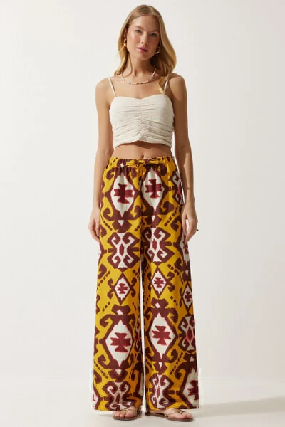 Women's Mustard Patterned Raw Linen Palazzo Trousers BH00397 - HAPPINESS İSTANBUL