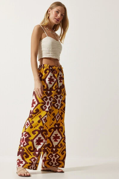 Women's Mustard Patterned Raw Linen Palazzo Trousers BH00397 - HAPPINESS İSTANBUL (1)
