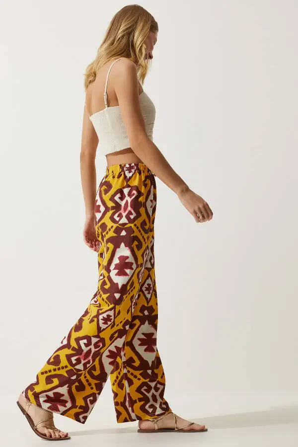 Women's Mustard Patterned Raw Linen Palazzo Trousers BH00397 - 3