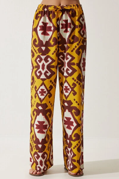 Women's Mustard Patterned Raw Linen Palazzo Trousers BH00397 - 4