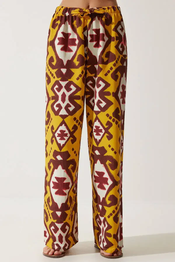 Women's Mustard Patterned Raw Linen Palazzo Trousers BH00397 - 4
