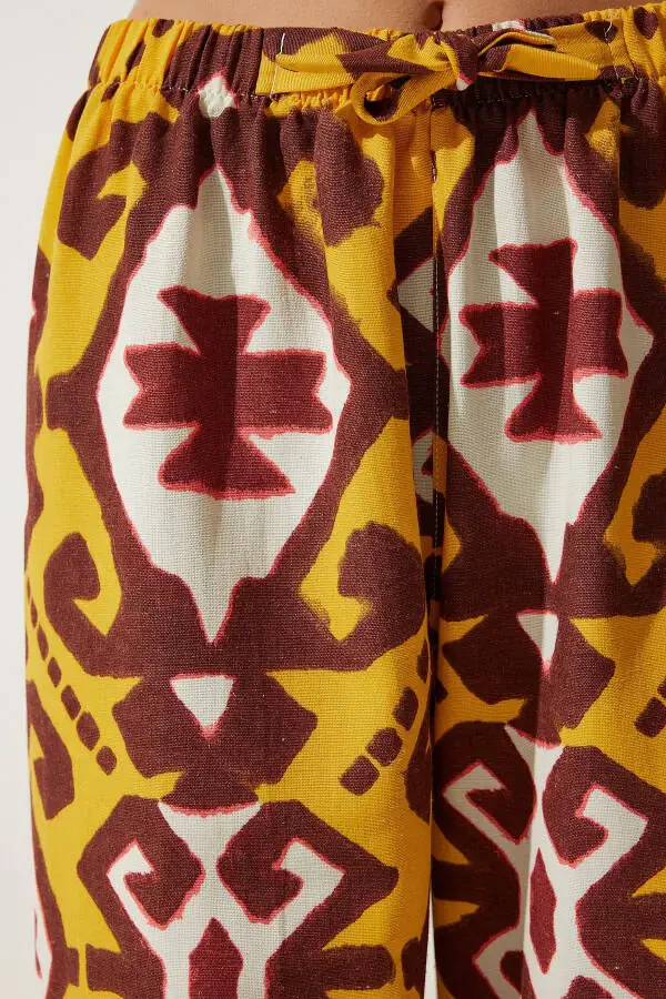 Women's Mustard Patterned Raw Linen Palazzo Trousers BH00397 - 5