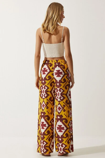 Women's Mustard Patterned Raw Linen Palazzo Trousers BH00397 - 6