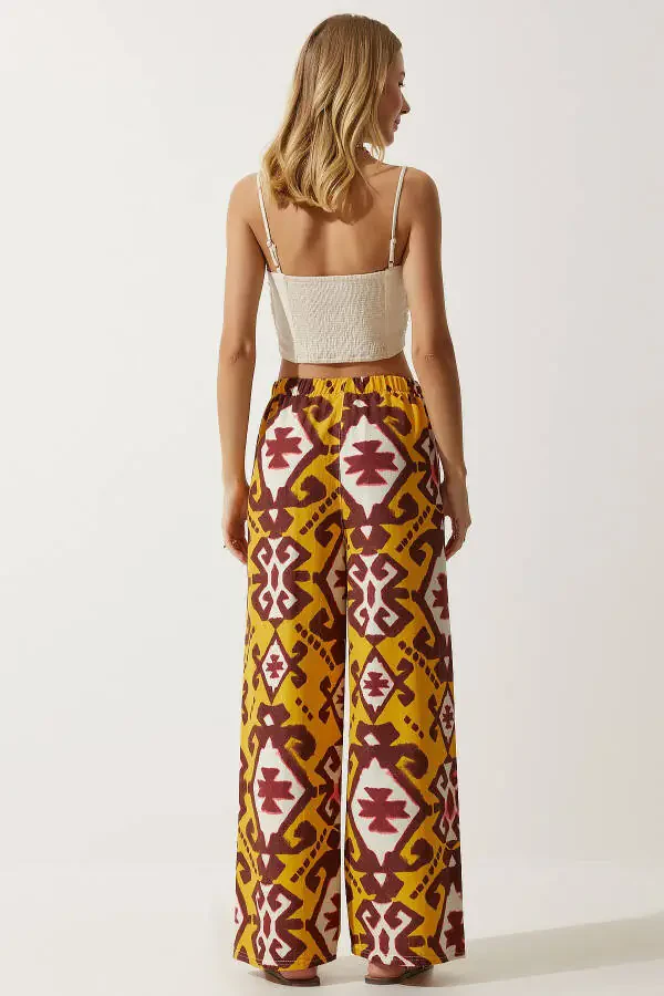 Women's Mustard Patterned Raw Linen Palazzo Trousers BH00397 - 6