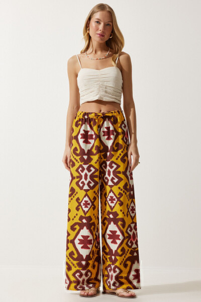 Women's Mustard Patterned Raw Linen Palazzo Trousers BH00397 - 1