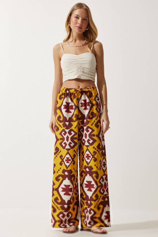 Women's Mustard Patterned Raw Linen Palazzo Trousers BH00397 - 1