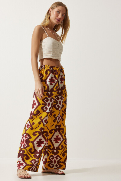 Women's Mustard Patterned Raw Linen Palazzo Trousers BH00397 - 2