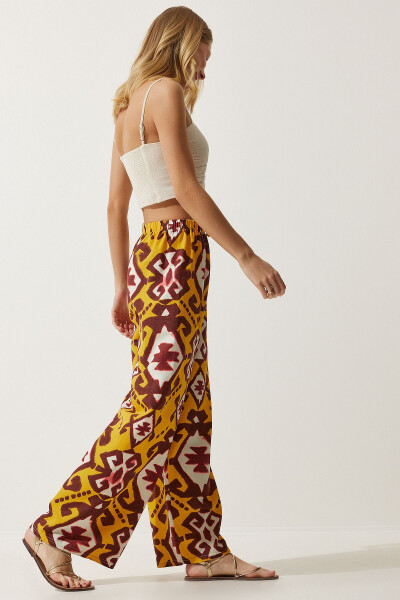 Women's Mustard Patterned Raw Linen Palazzo Trousers BH00397 - 3
