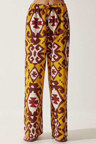 Women's Mustard Patterned Raw Linen Palazzo Trousers BH00397 - 4