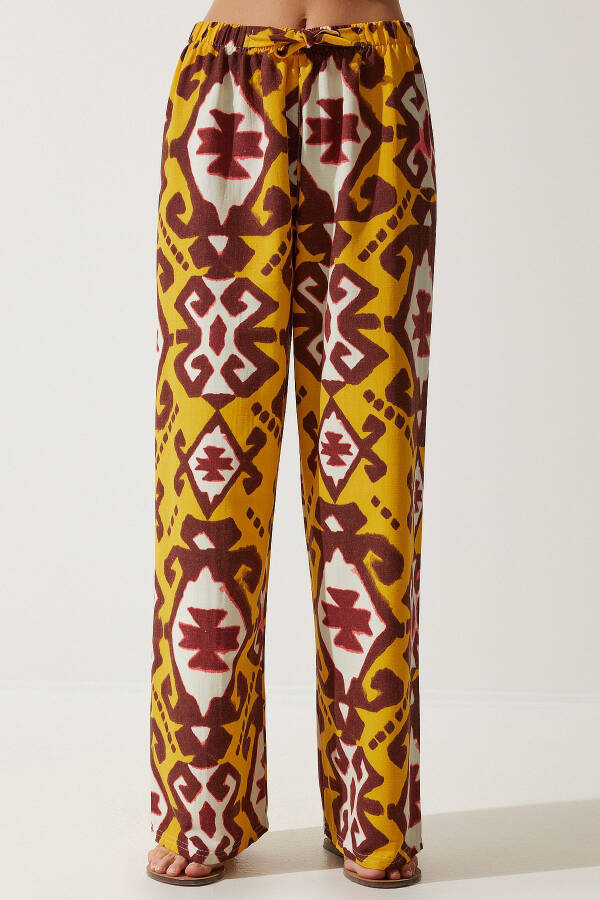 Women's Mustard Patterned Raw Linen Palazzo Trousers BH00397 - 4
