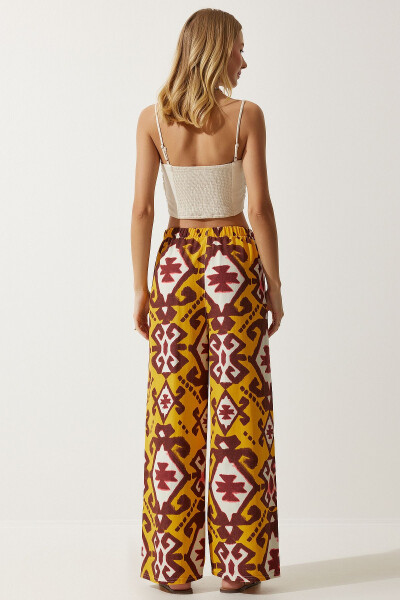 Women's Mustard Patterned Raw Linen Palazzo Trousers BH00397 - 6