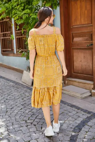 Women's Mustard Plaid Floral Print Strappy Dress with Elastic Waist ARM-21K001202 - ARMONIKA (1)