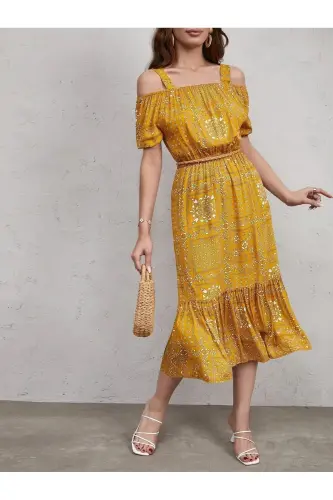 Women's Mustard Plaid Floral Print Strappy Dress with Elastic Waist ARM-21K001202 - 3