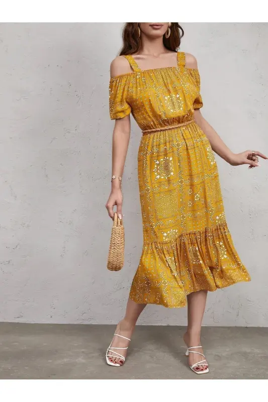 Women's Mustard Plaid Floral Print Strappy Dress with Elastic Waist ARM-21K001202 - 3