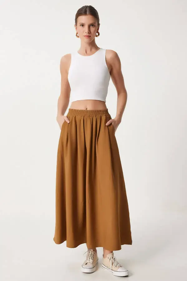 Women's Mustard Pleated Long A-Line Woven Skirt US00933 - 1