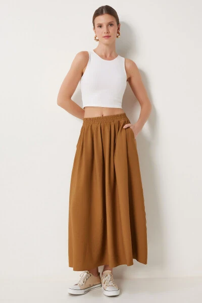 Women's Mustard Pleated Long A-Line Woven Skirt US00933 - 2