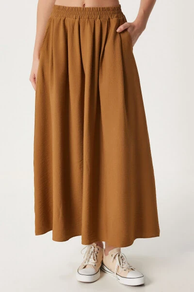 Women's Mustard Pleated Long A-Line Woven Skirt US00933 - 3