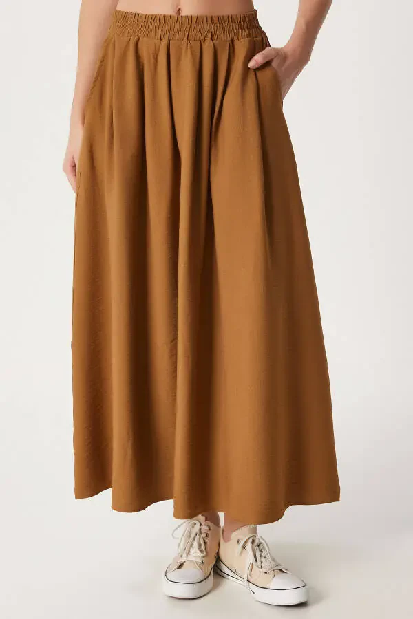 Women's Mustard Pleated Long A-Line Woven Skirt US00933 - 3