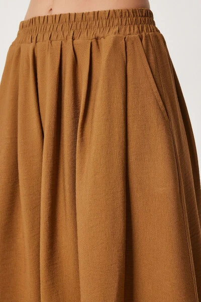 Women's Mustard Pleated Long A-Line Woven Skirt US00933 - 4