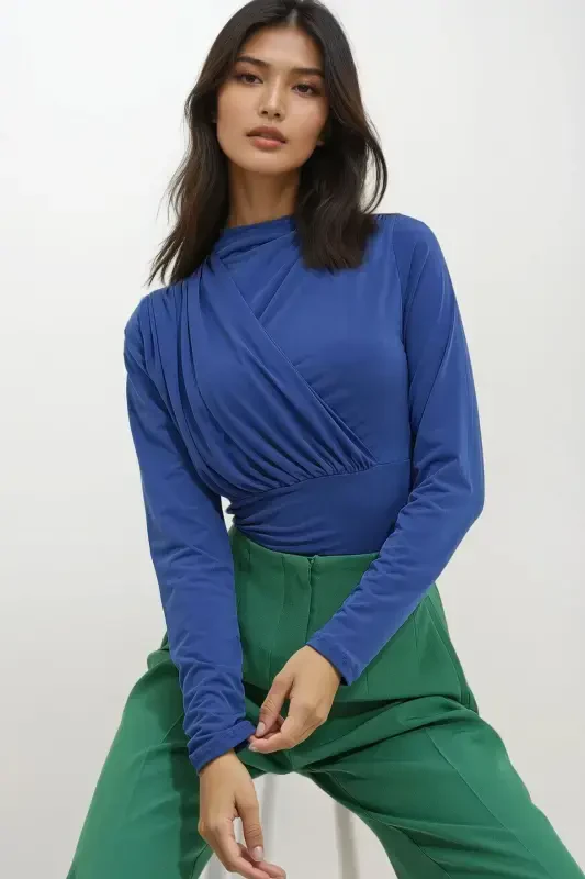 Women's Mustard Stand Collar Draped Snap Sandy Bodysuit ALC-X10868 - 2