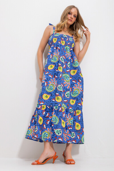 Women's Mustard Strapless Skirt Ruffle Floral Pattern Frilled Woven Dress Alc-X11734 - TREND ALAÇATI STILI (1)