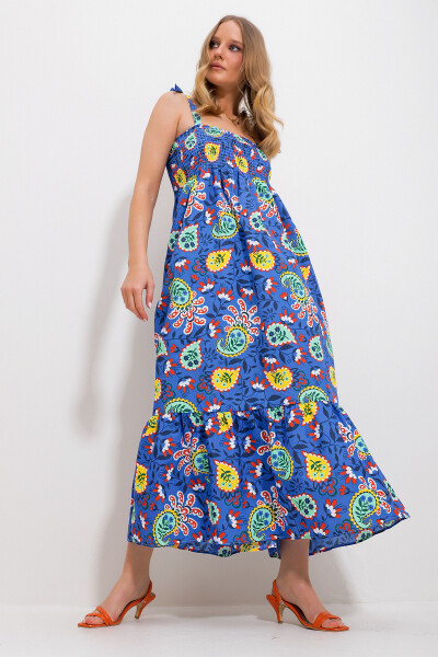 Women's Mustard Strapless Skirt Ruffle Floral Pattern Frilled Woven Dress Alc-X11734 - 4