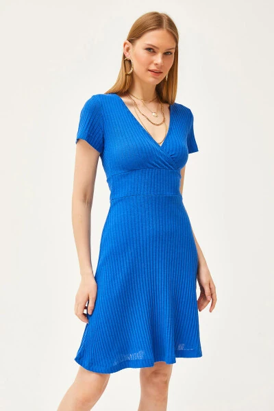 Women's Mustard Yellow Wrap Neck Short Sleeve Mini A-Line Dress ELB-19002059 - 2