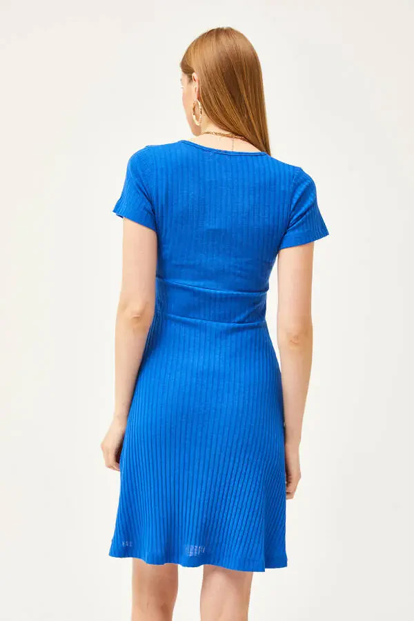 Women's Mustard Yellow Wrap Neck Short Sleeve Mini A-Line Dress ELB-19002059 - 3