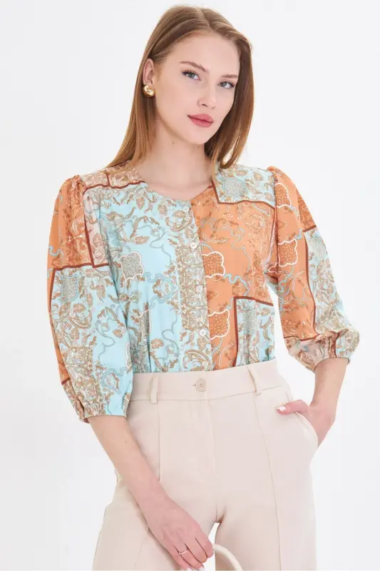 Women's Mustard Zero Collar Quarter Sleeve Patterned Shirt - 1