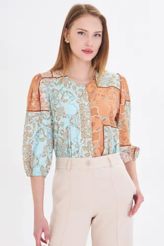 Women's Mustard Zero Collar Quarter Sleeve Patterned Shirt - ARMONIKA (1)