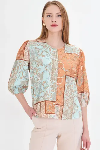 Women's Mustard Zero Collar Quarter Sleeve Patterned Shirt - 3