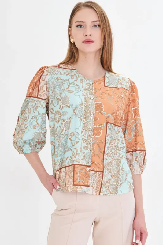 Women's Mustard Zero Collar Quarter Sleeve Patterned Shirt - 3