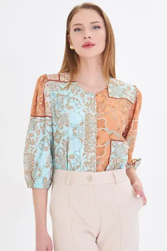 Women's Mustard Zero Collar Quarter Sleeve Patterned Shirt - 5