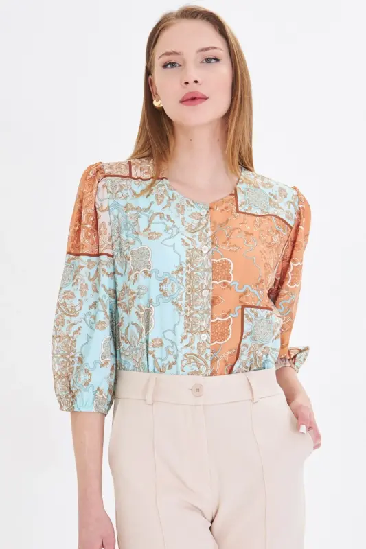 Women's Mustard Zero Collar Quarter Sleeve Patterned Shirt - 5