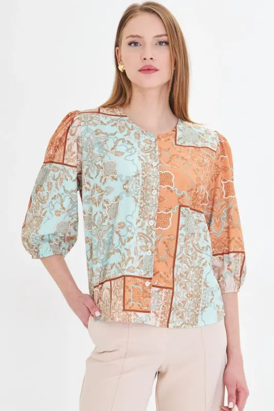 Women's Mustard Zero Collar Quarter Sleeve Patterned Shirt - 5
